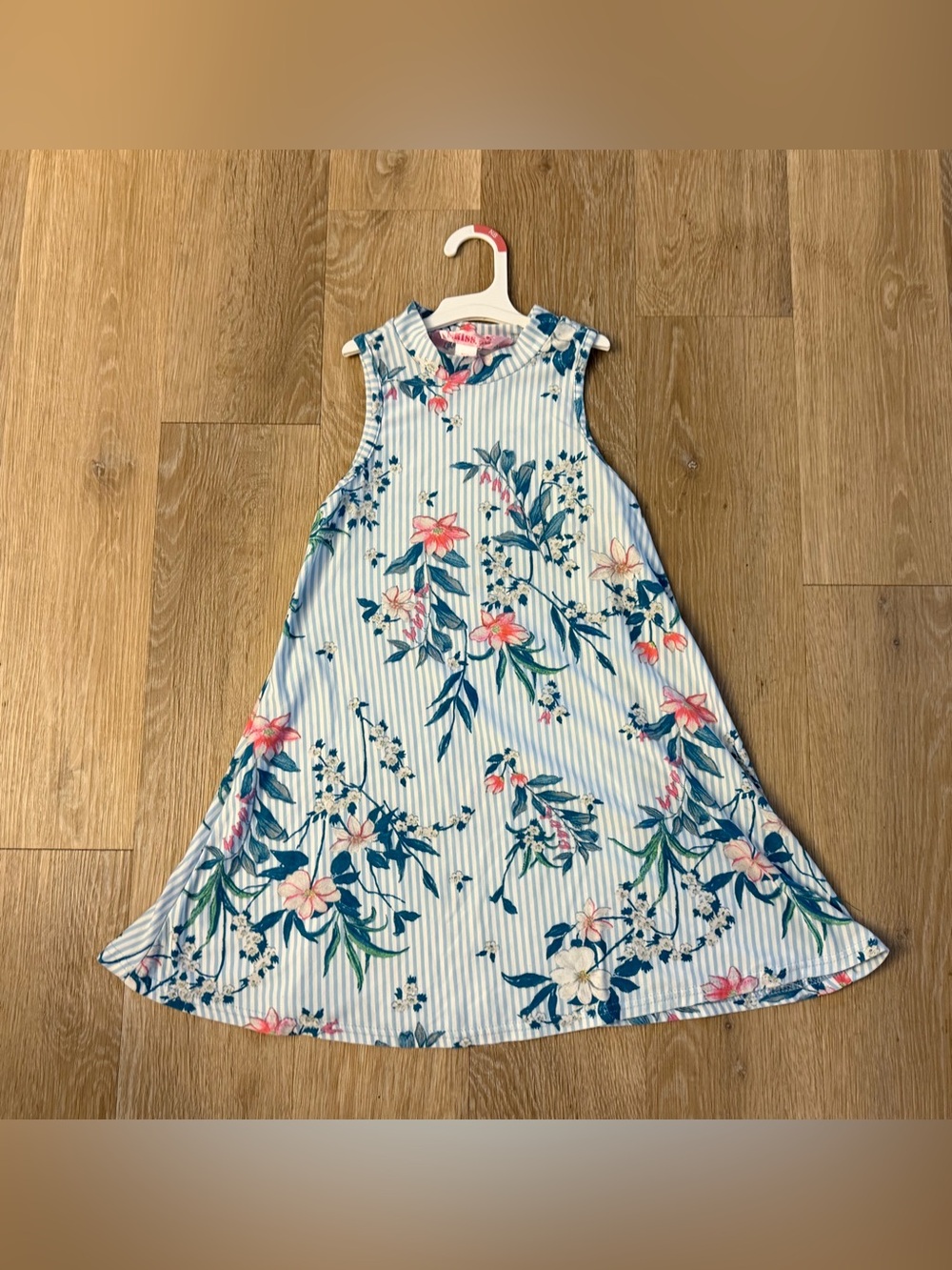 1st Kiss Girl's Size 7/8 Blue and Pink Floral Striped Sleeveless Dress